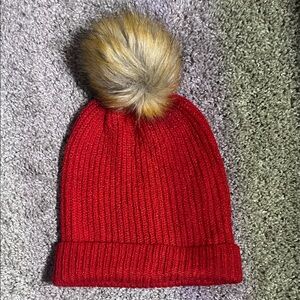Red Knit Beanie with pompom